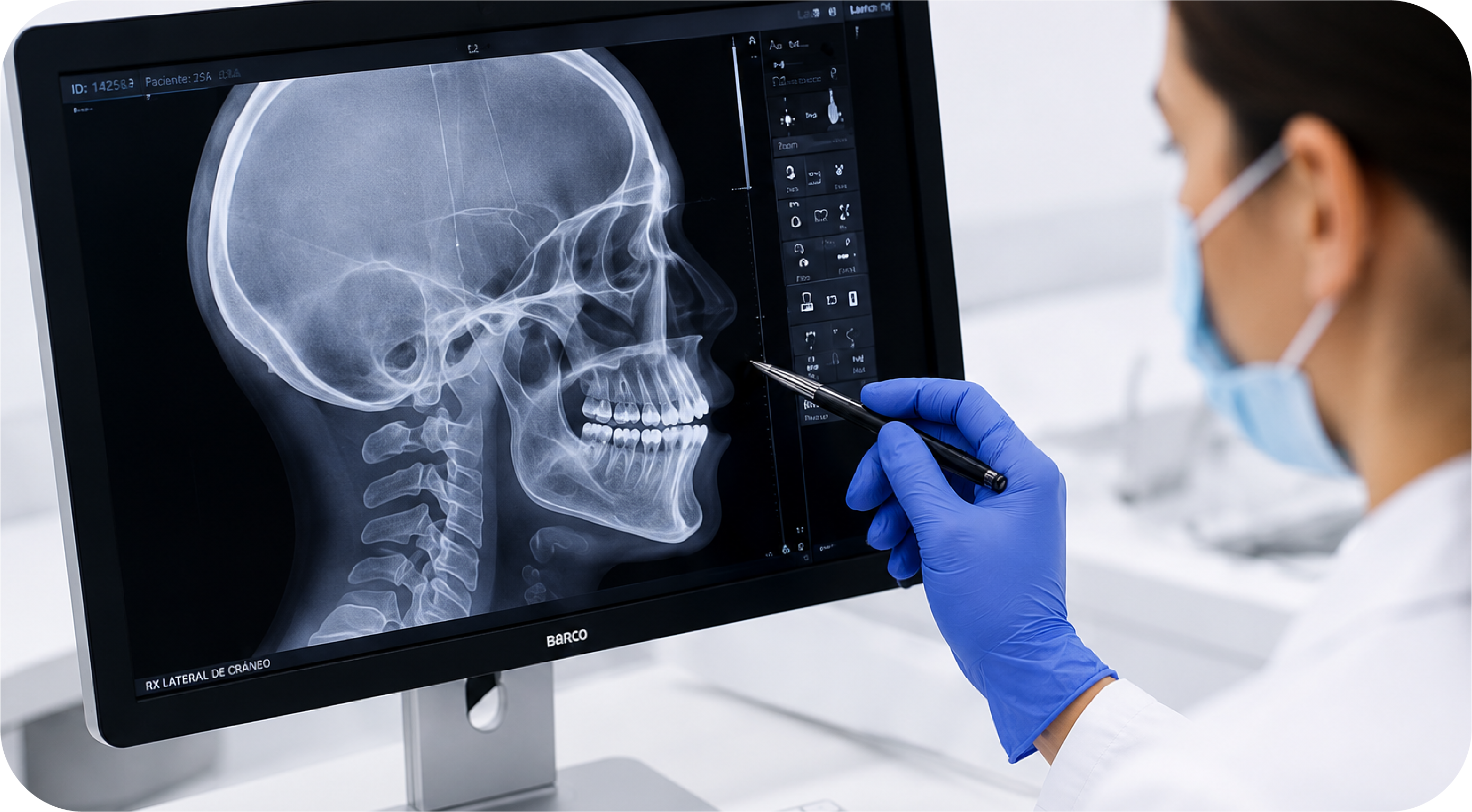 Especialista señalando radiografía cefalométrica en monitor